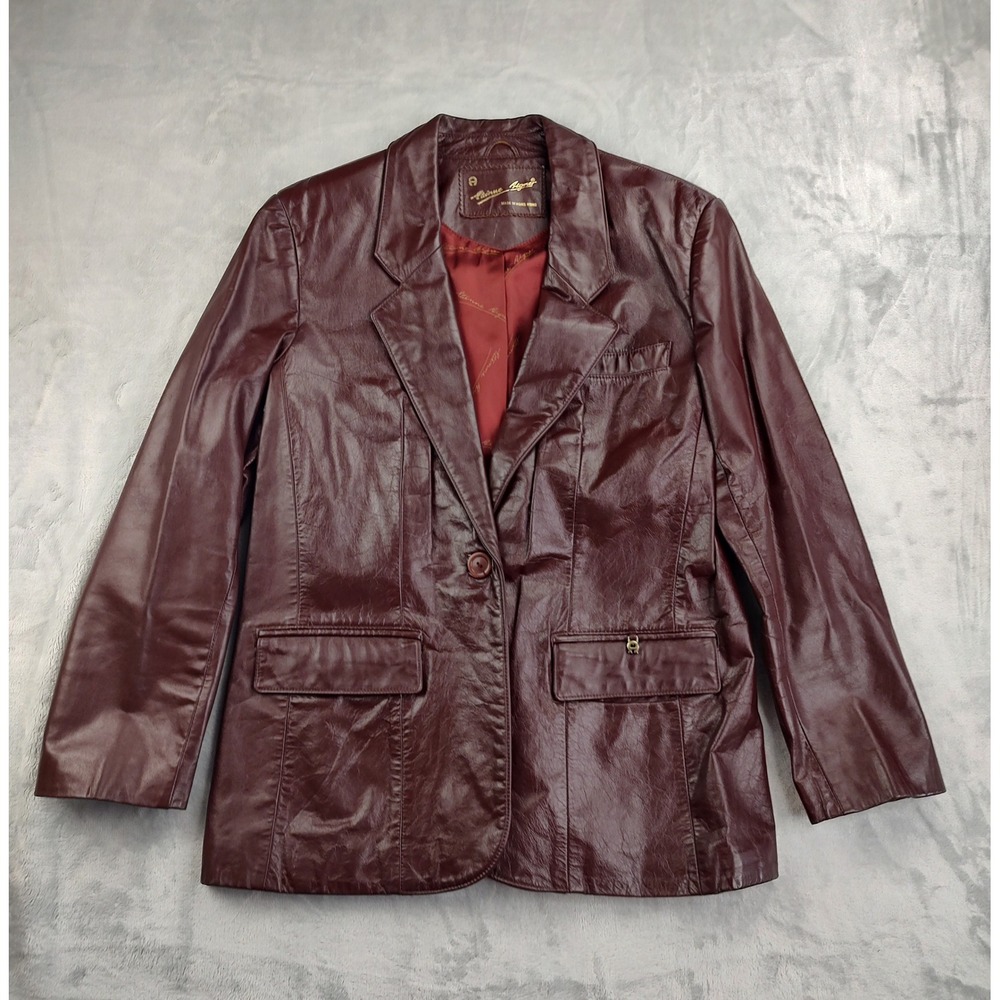 Etienne Aigner Burgundy Leather Blazer Jacket Women One Button Single Breasted